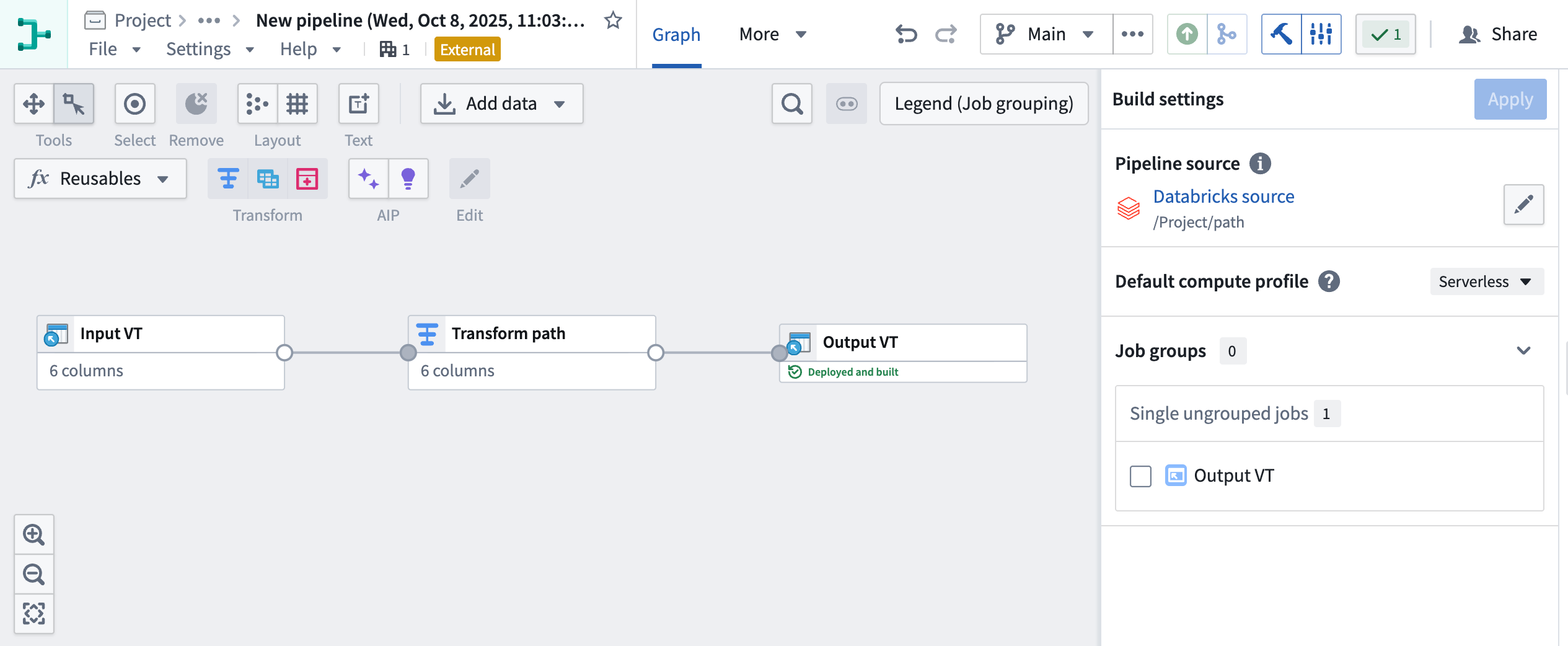 External pipeline with pushdown compute in Pipeline Builder.