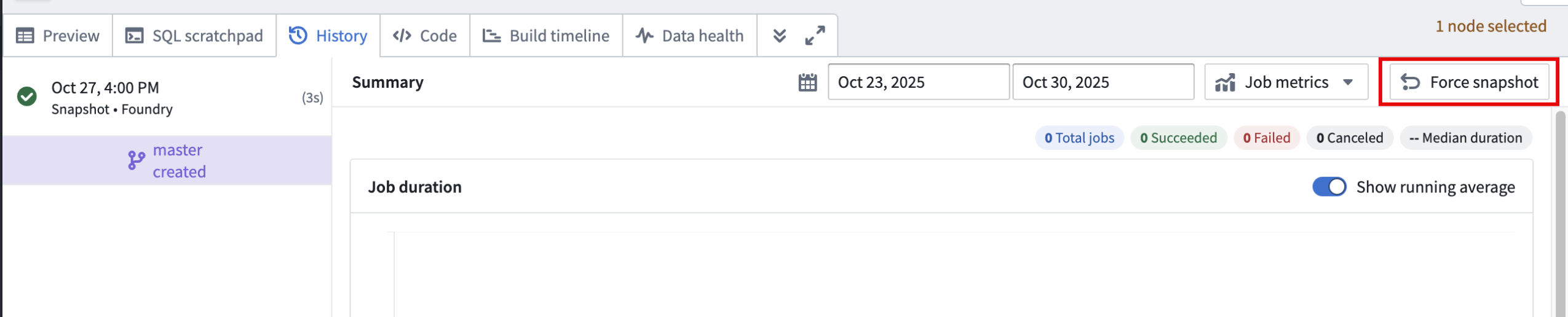 The Force snapshot option in the History tab.