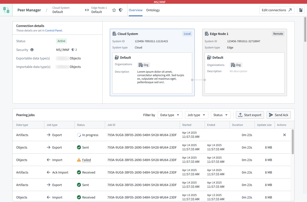 Peer Managers Overview window offers a unified view of the status and health of peering jobs within a connection.