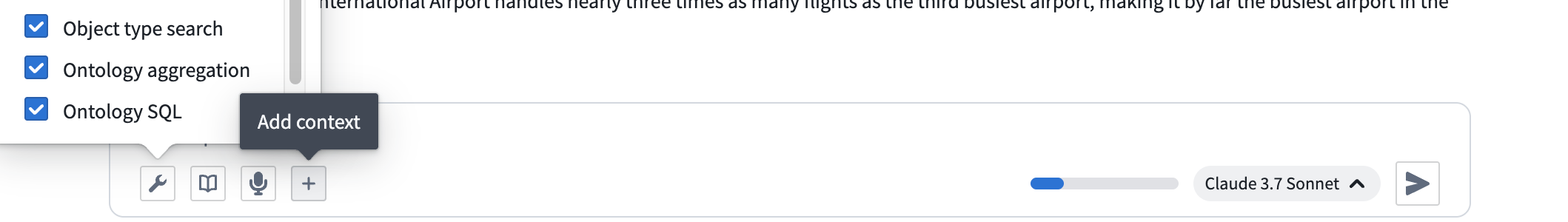 Options in the AIP Analyst input field.