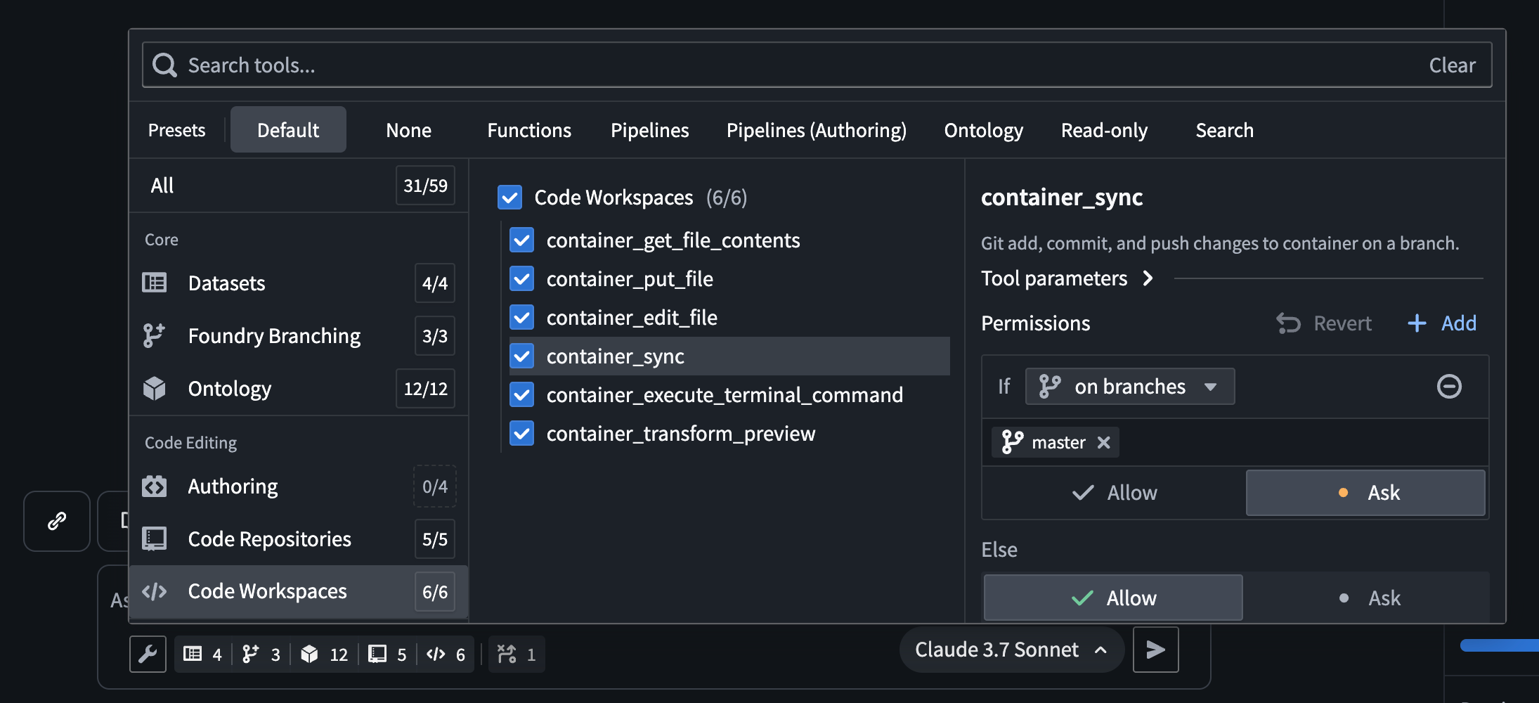 The AI FDE tool selection menu which allows users to select the tools AI FDE has access to.