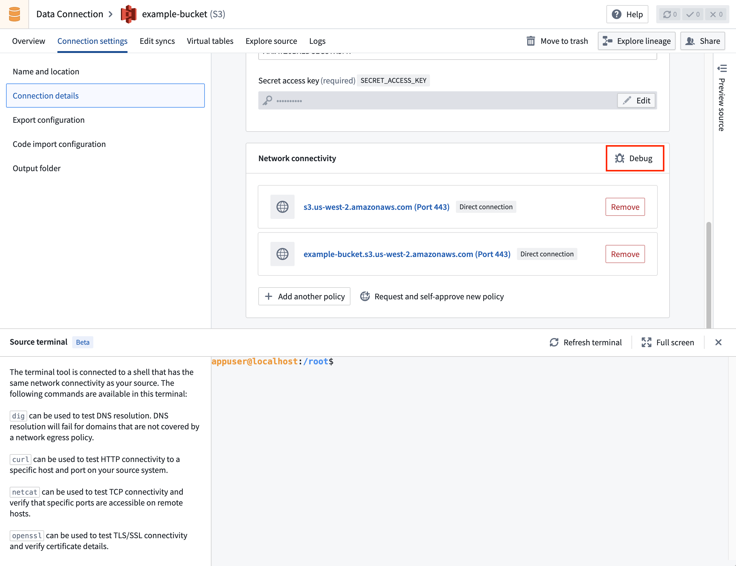 Source terminal is accessible via the Connection settings tab.