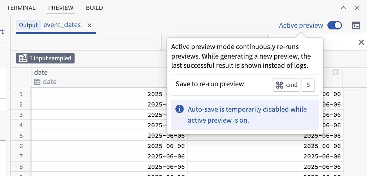 The Active preview toggle in the Preview tab.
