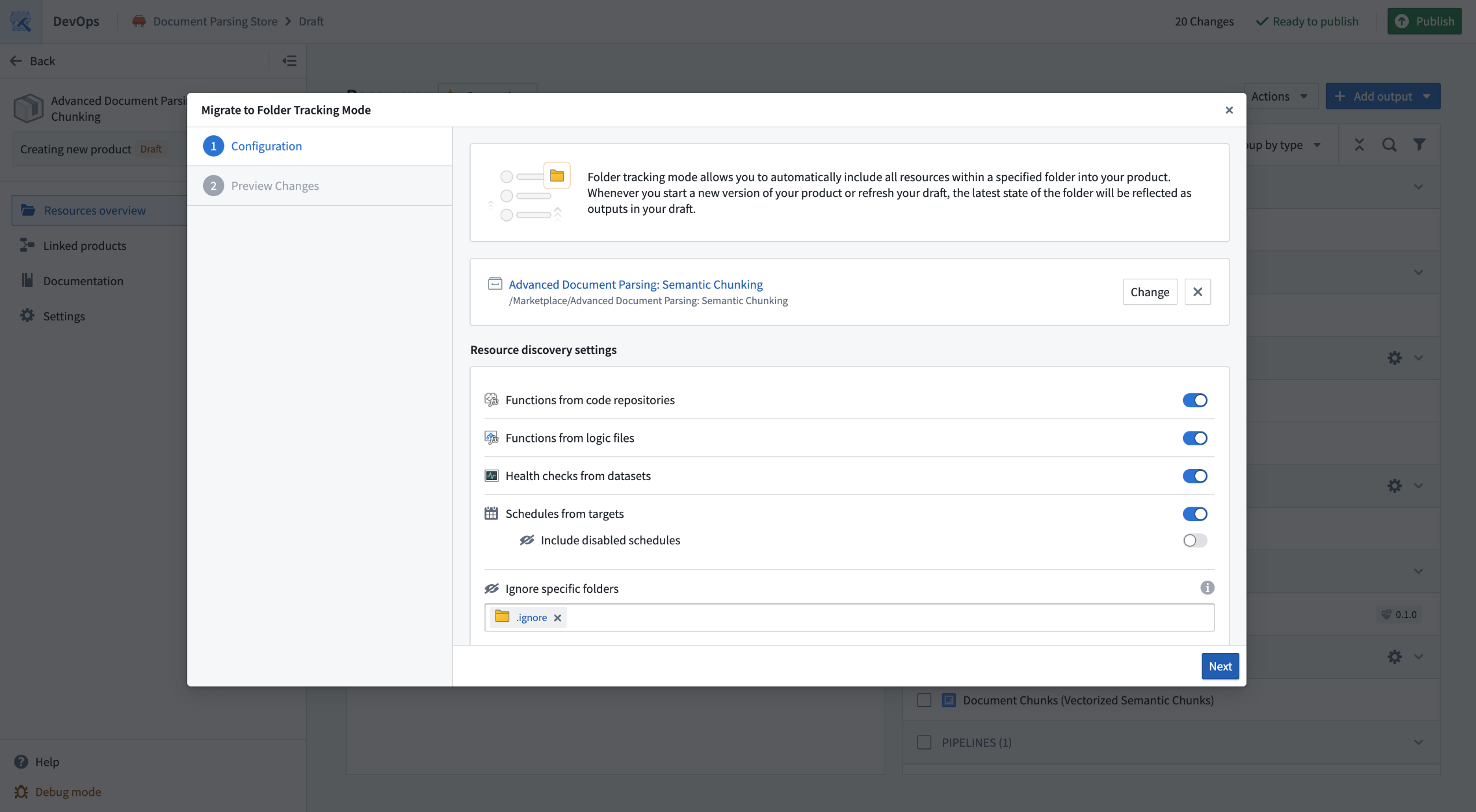 The folder tracking migration modal allows you to migrate existing products to track a source folder.