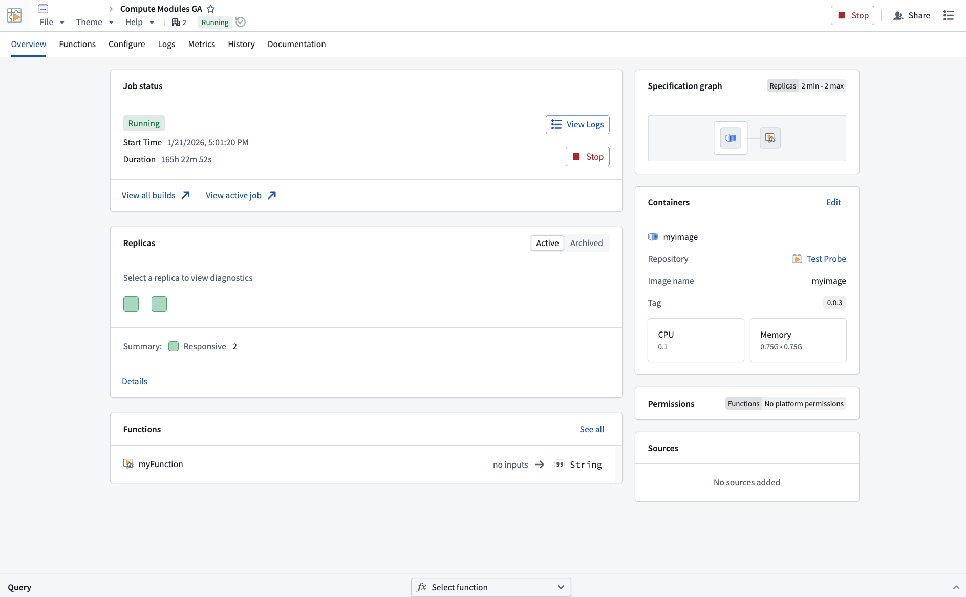 An example of a compute module overview in Foundry with information about the job status functions and container metadeta.