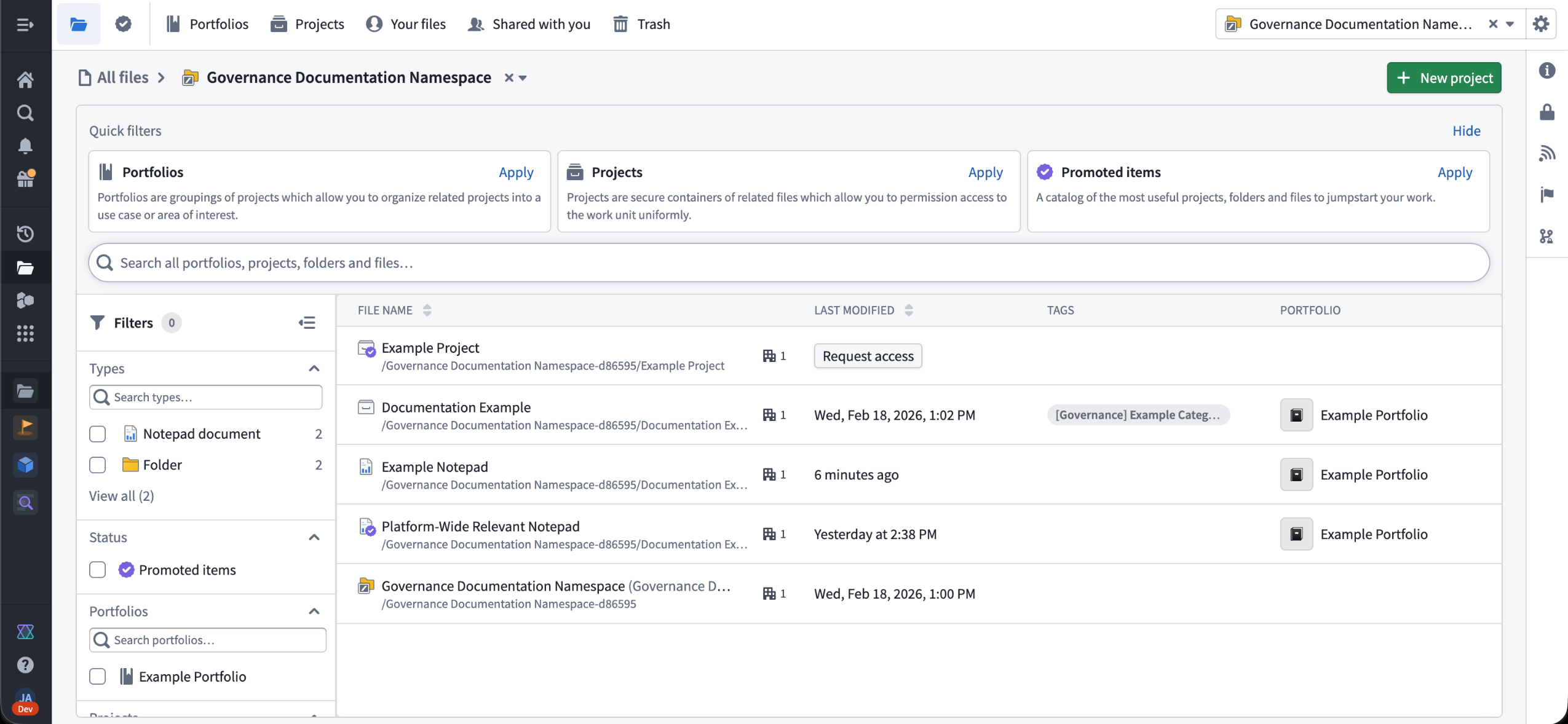 The new landing pages for files accessible through the navigation bar on the left.