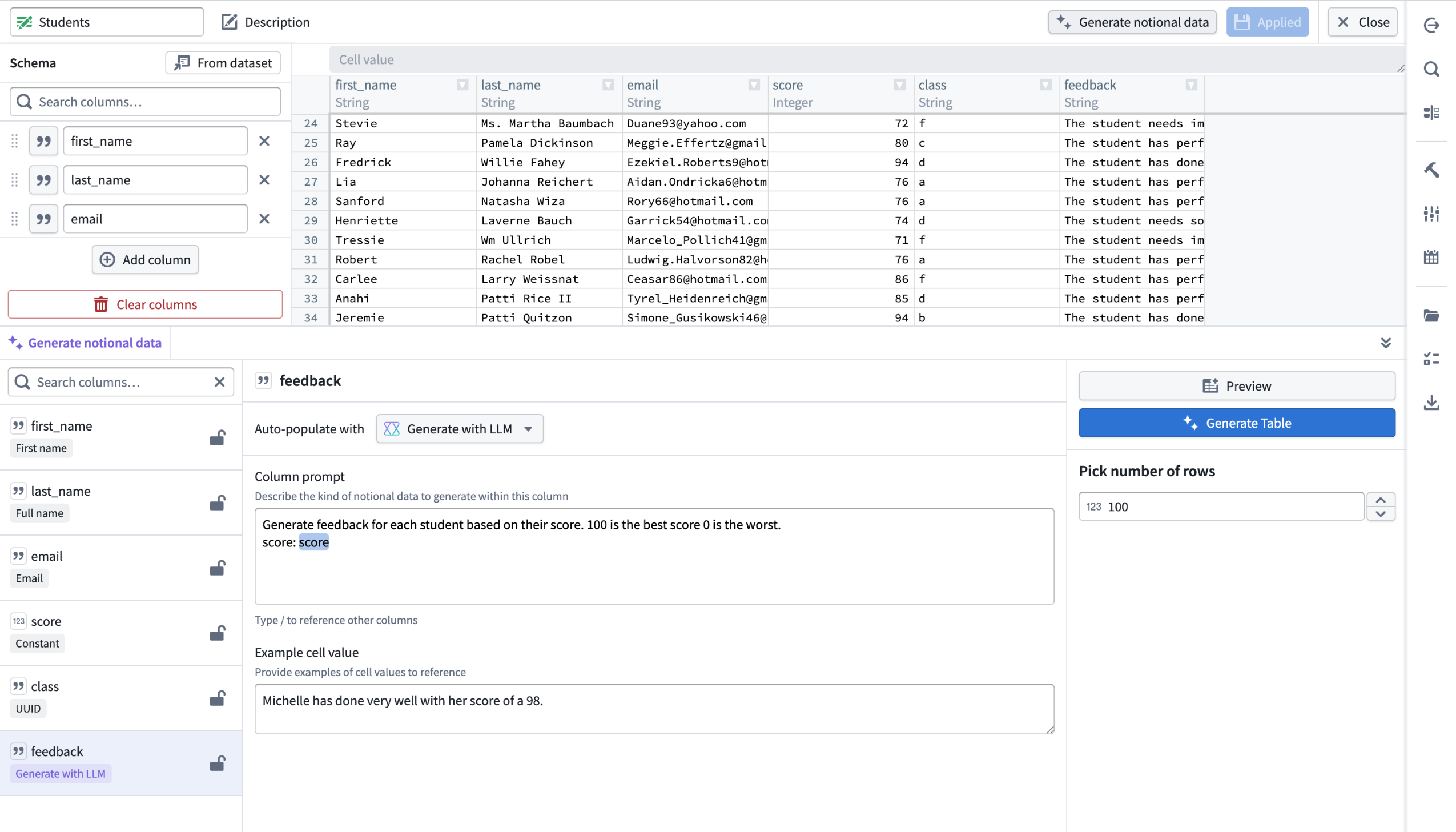 An example of notional LLM-generated student feedback in a manually entered table with a column prompt that references the score column to produce dynamic context-aware feedback data.