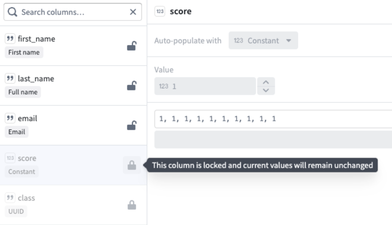 The score and class columns are locked ensuring their current values remain unchanged when other columns get regenerated.