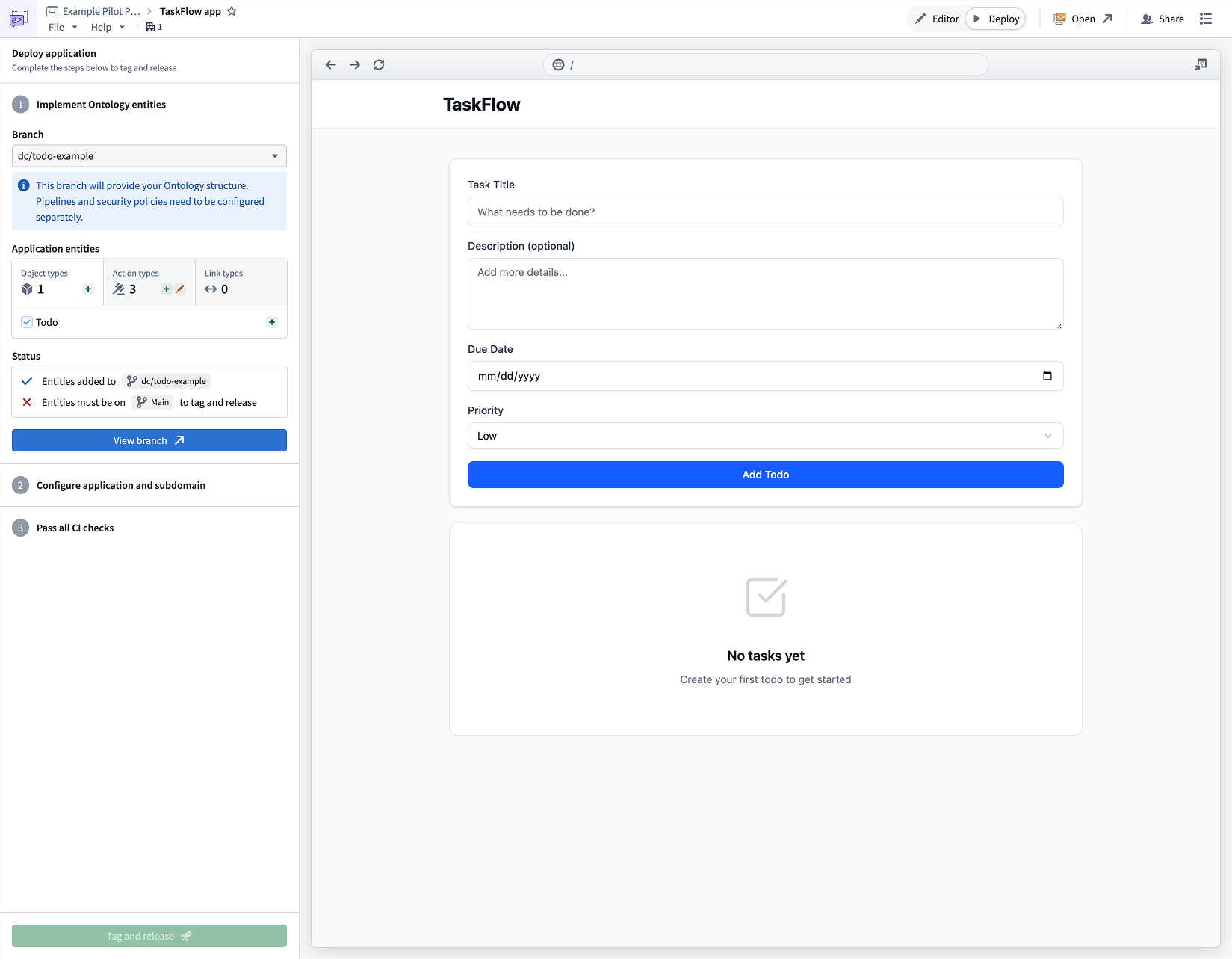 An application generated by Pilot with live preview and iterative chat refinement.
