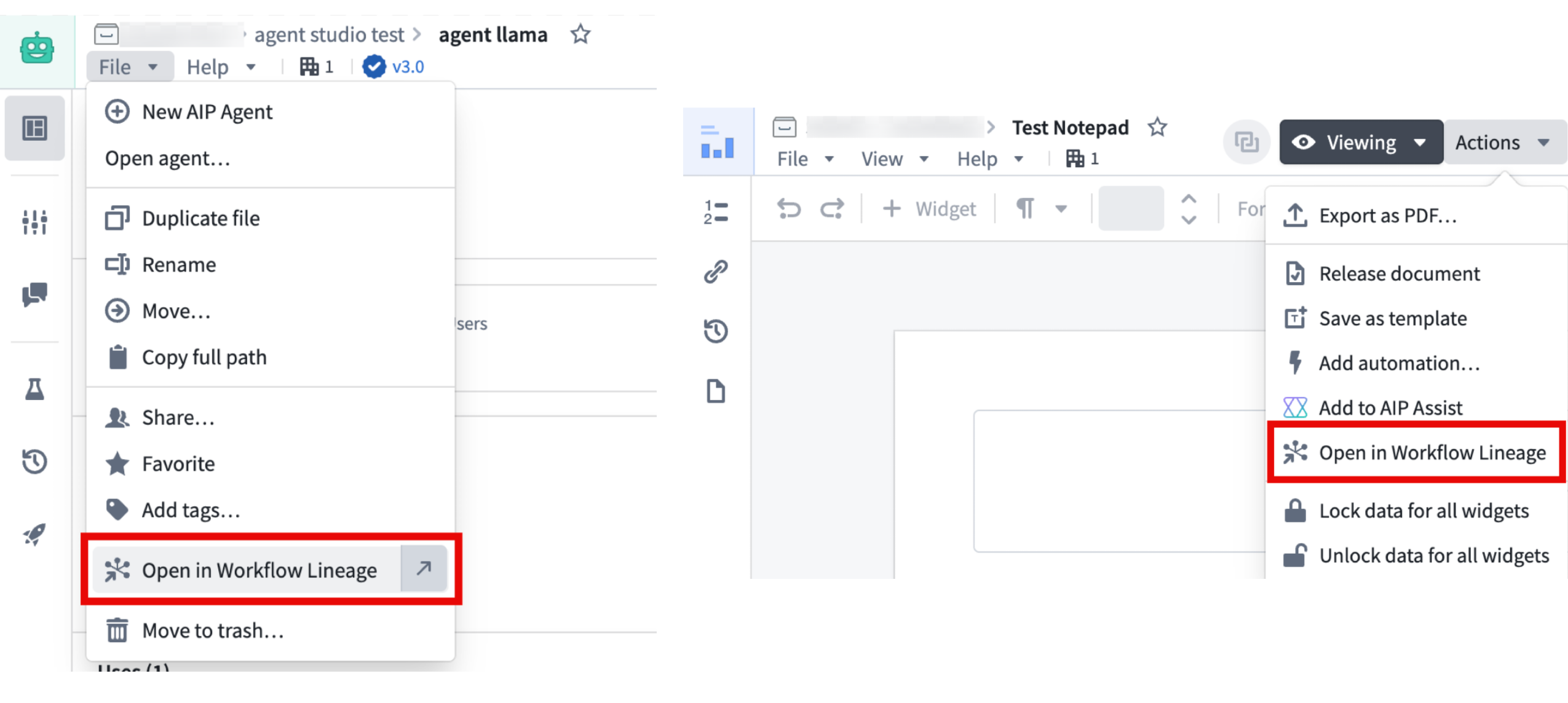 Examples of the Open in Workflow Lineage option in Agent Studio and Notepad often found under File or Actions in the top navigation bar.