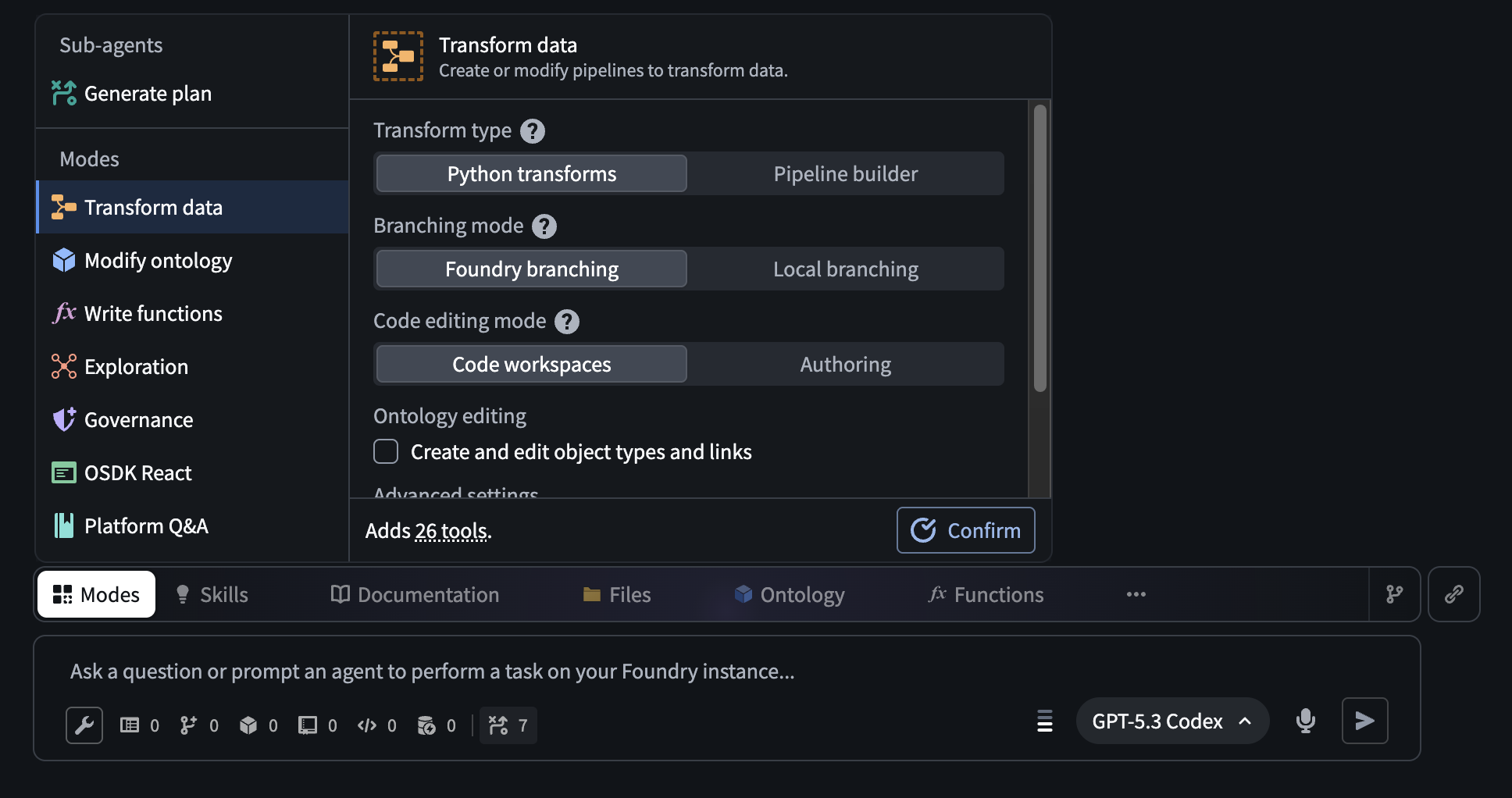 The AI FDE Modes menu which allows users to select a mode with additional configuration for certain modes.