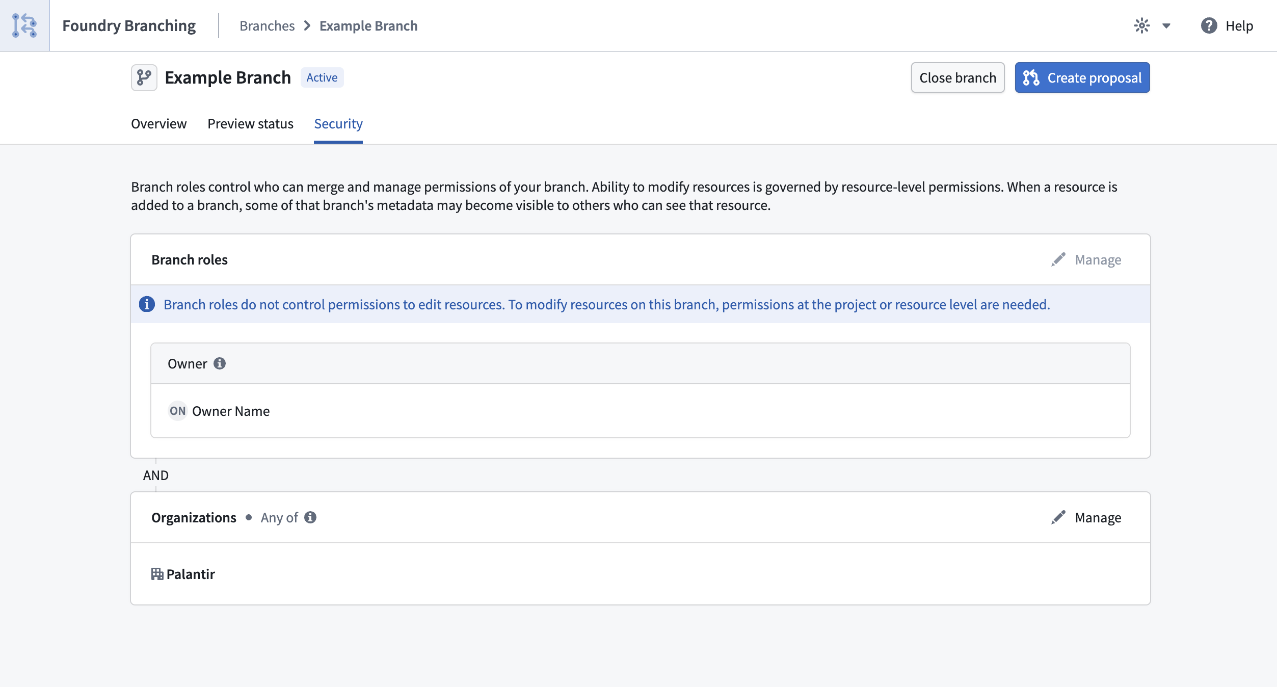 Branch security settings page showing the roles and organizations for a Foundry Branch.