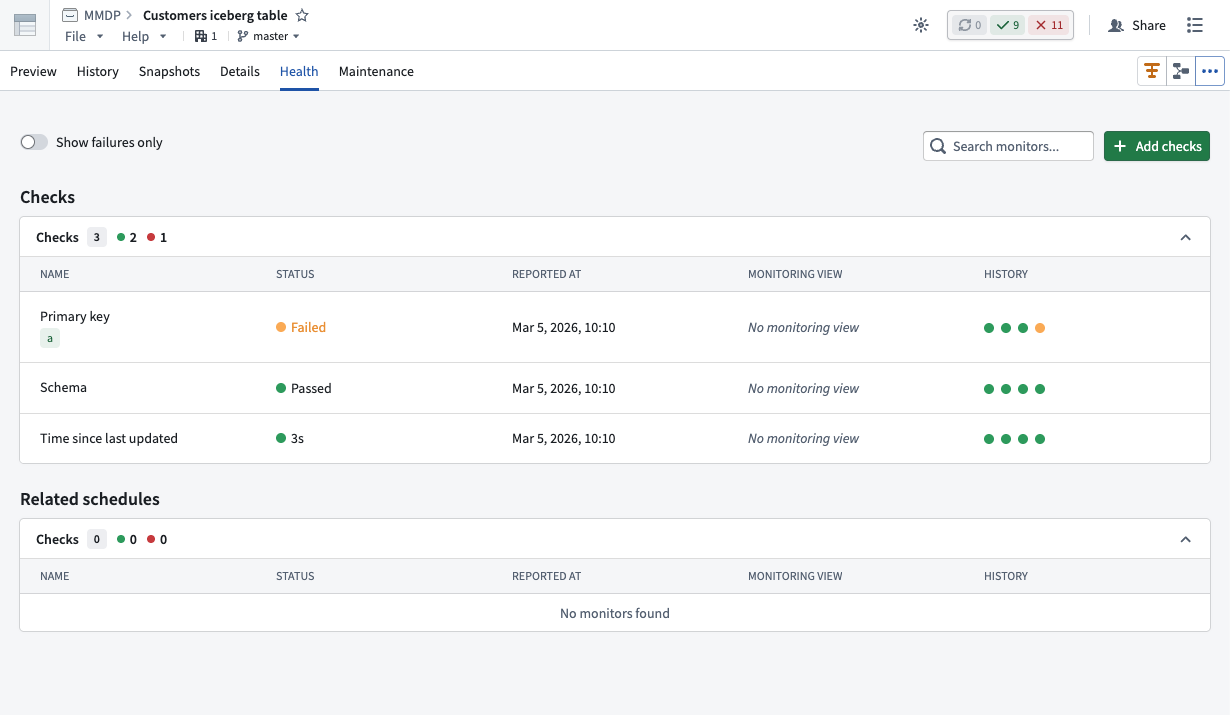 Use the Checks panel of the Health tab to view health checks you configure for a virtual or Iceberg table.