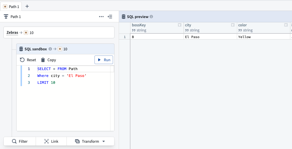 A SQL query in Insight searching for object type data where the City property is El Paso.