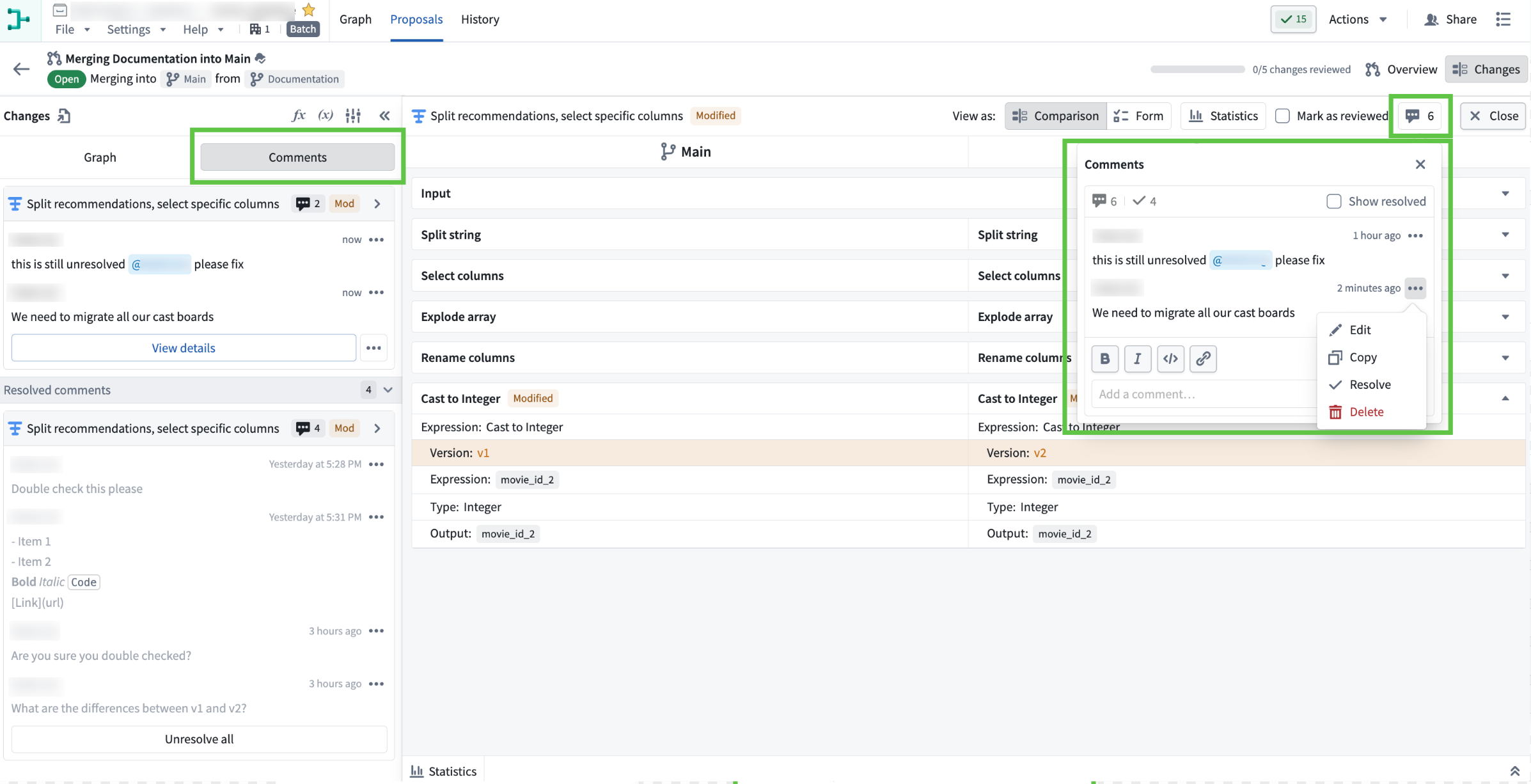 The Comments tab within the Changes section of the proposal view. The left panel displays all comments related to the proposal while the right window shows the comment on a specific node.