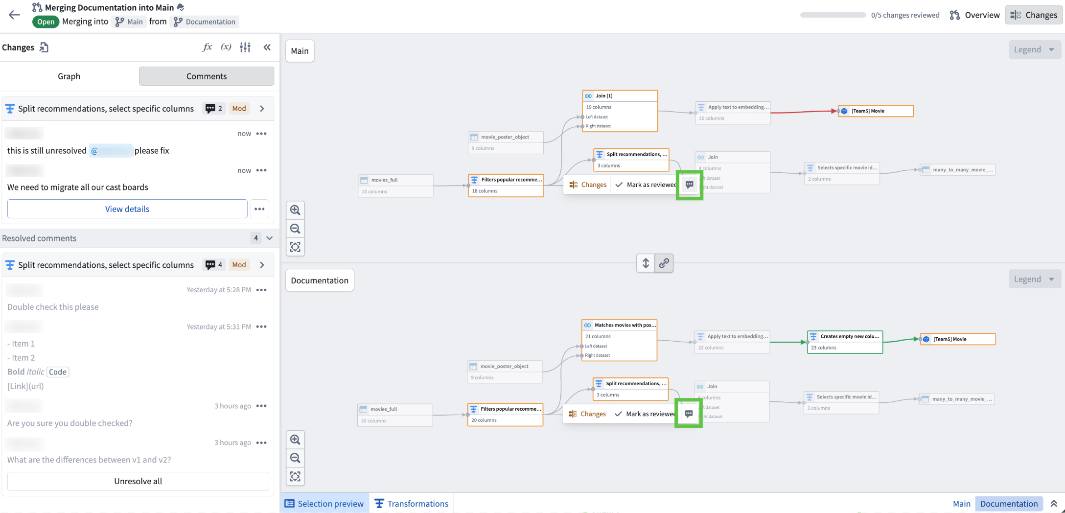 Use the comment icon when a specific node is selected in the pipeline graph within the Changes tab to add comments related to that node.