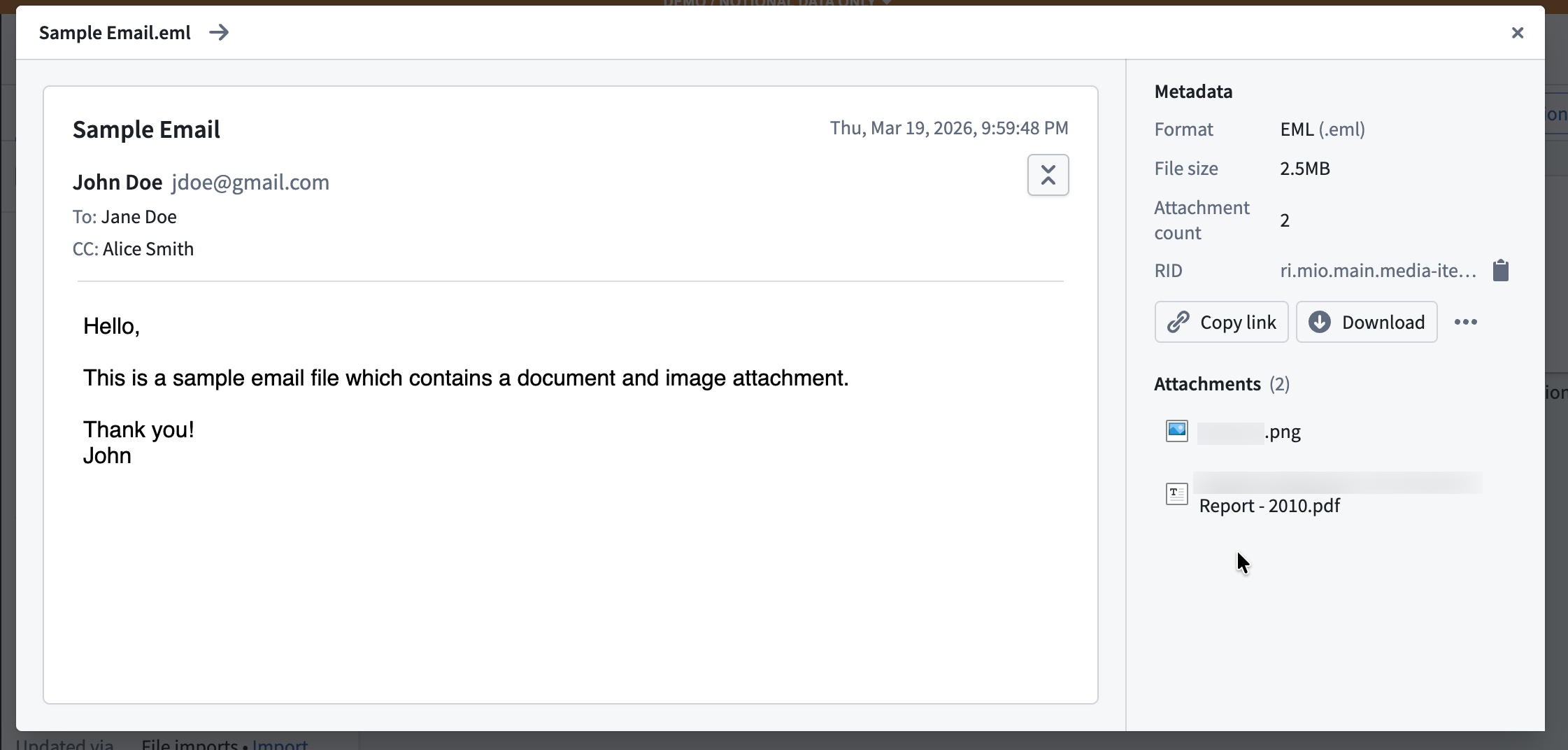 A preview of an email uploaded to a media set.