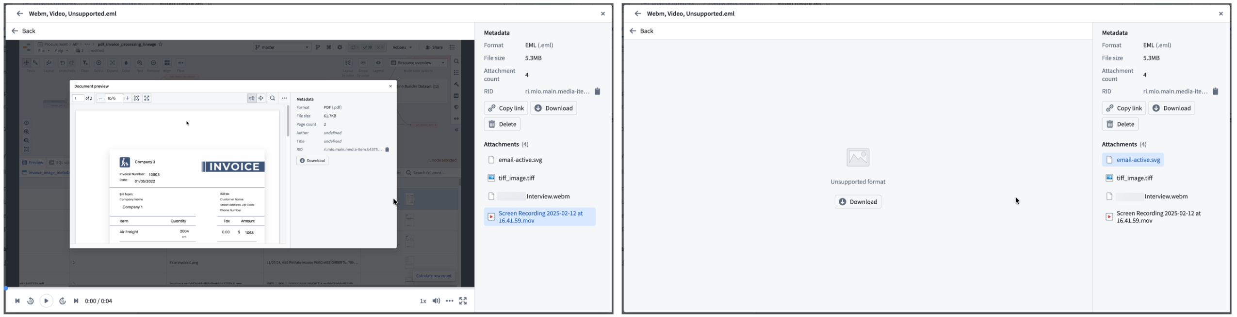 View attachment previews for supported media formats or download unsupported attachment file types.