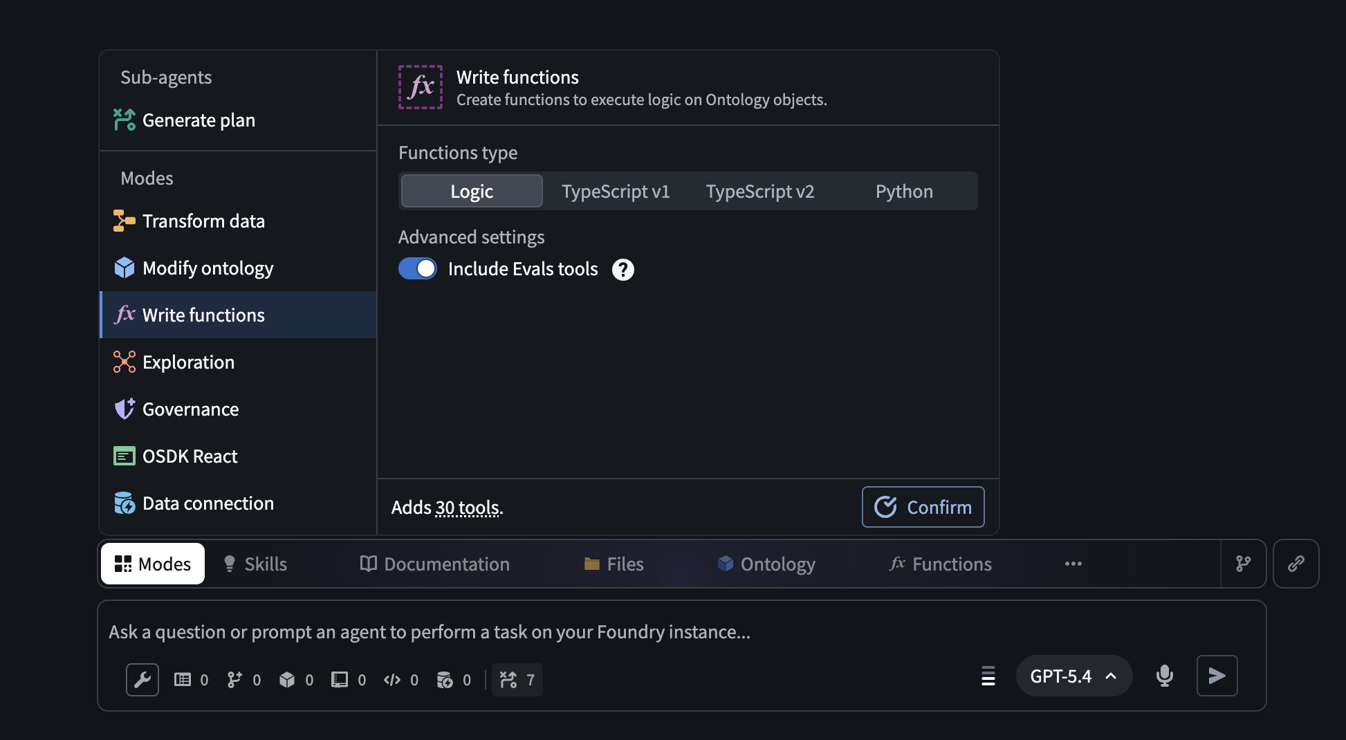 The Write functions mode in AI FDE with the option to turn on Evals tools.