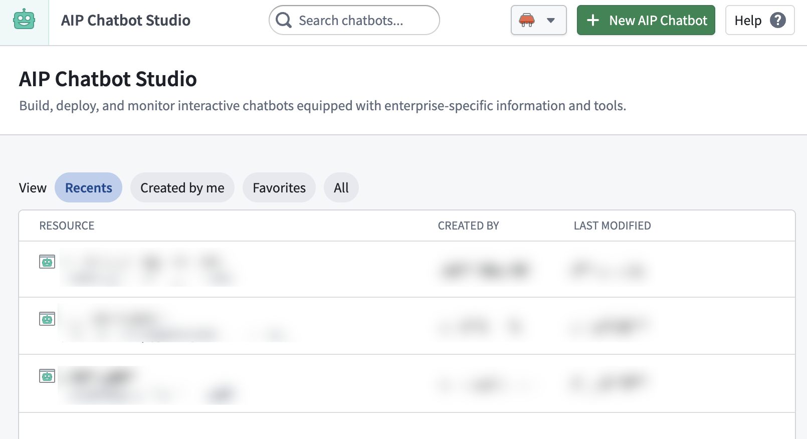 The newly renamed AIP Chatbot Studio homepage.