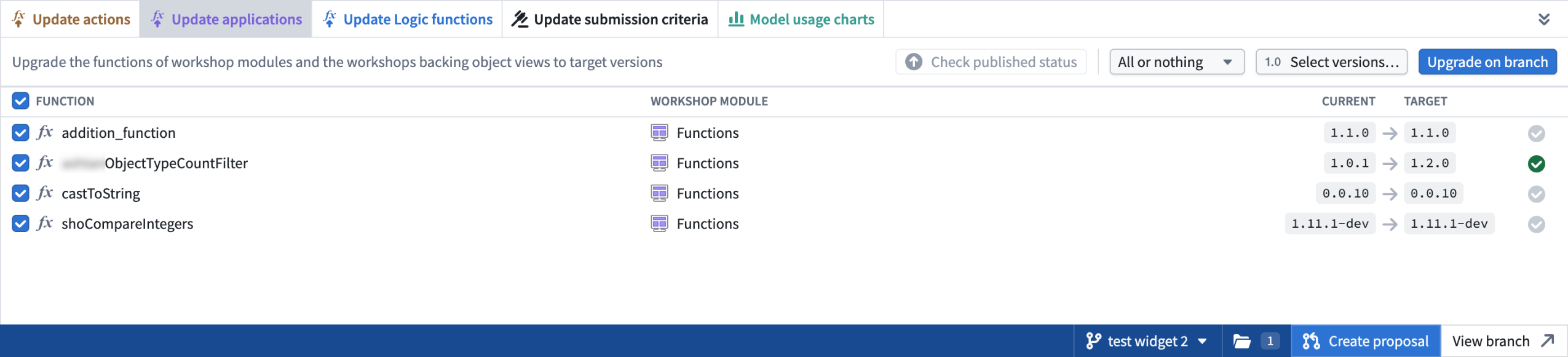 Example of the update application panel where you can bulk update functions in Workshop on a global branch.