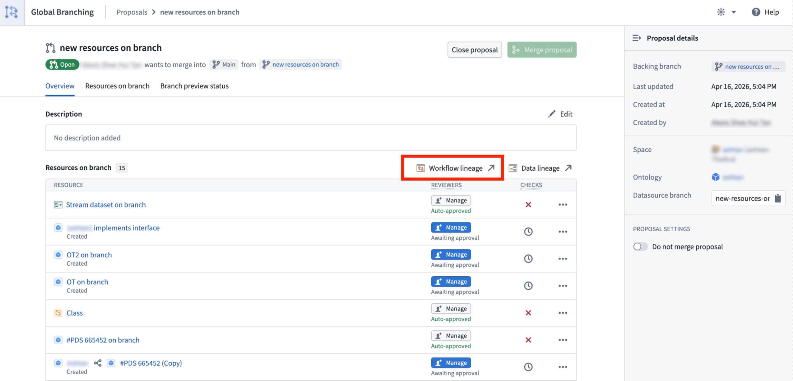 The Workflow lineage option on a proposal page.