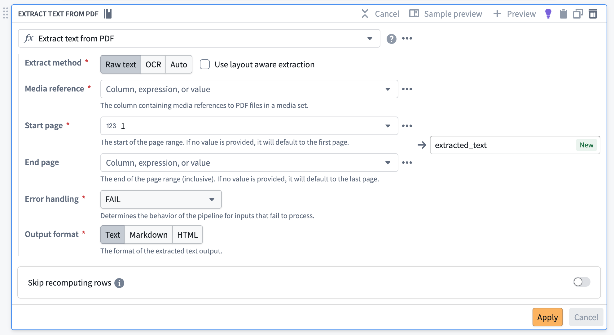 The Extract Text From PDF transform in Pipeline Builder.