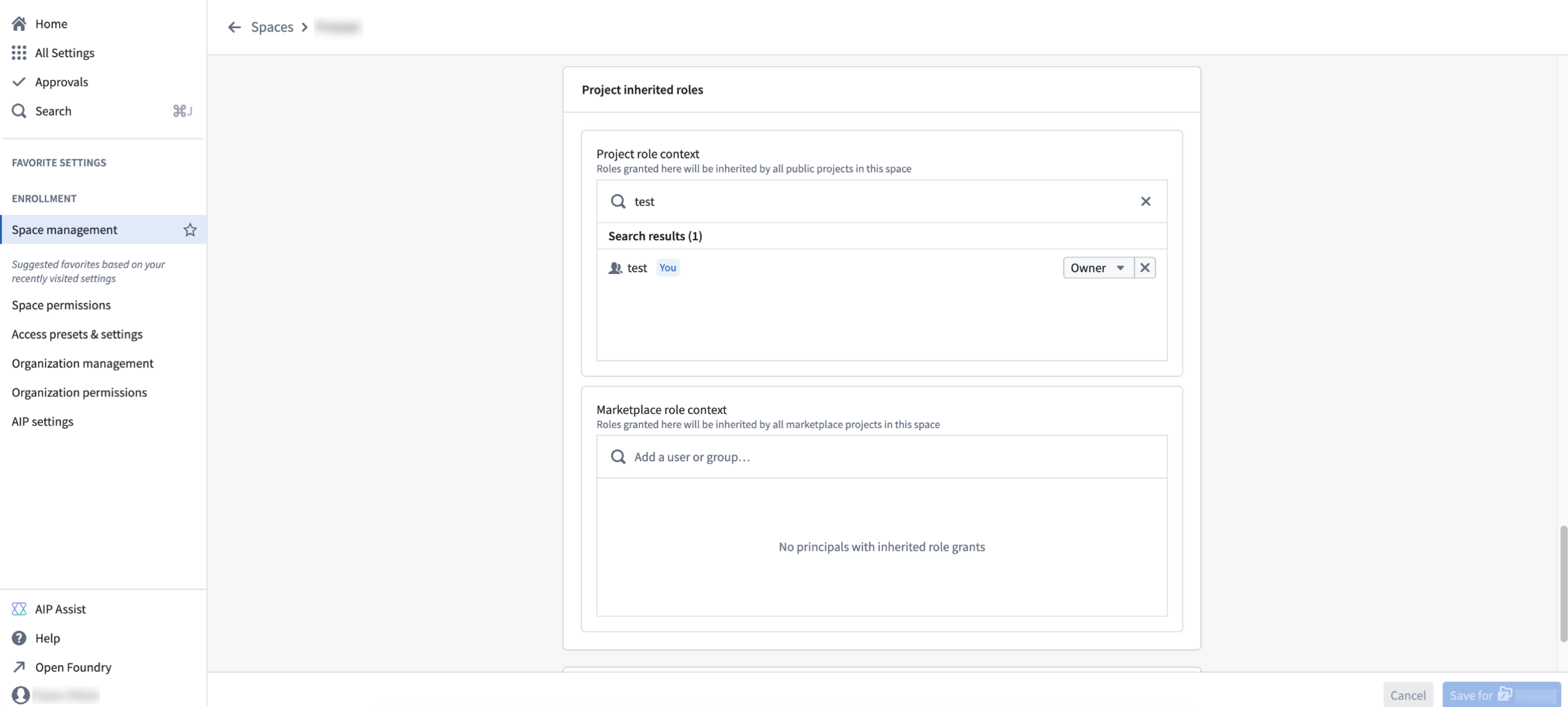 The Space management page in Control Panel where you can view the roles granted to a space.