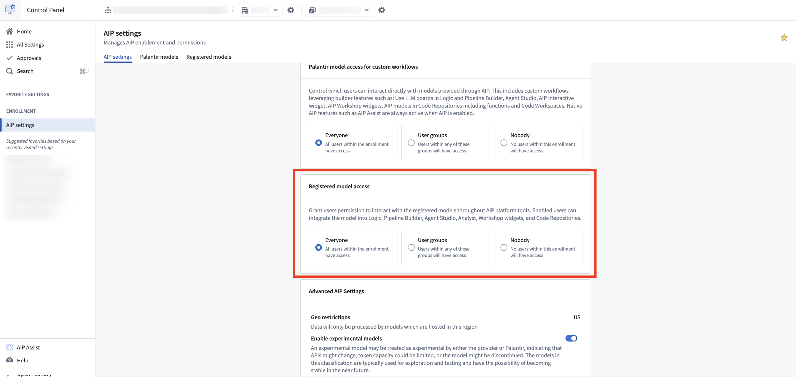 Provision access to your registered models in the AIP settings extension in Control Panel.