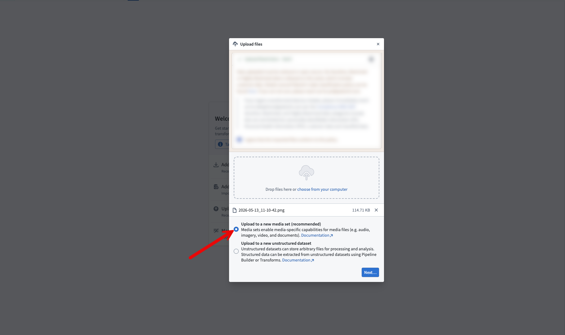 Select the upload to a new media set option when uploading media files