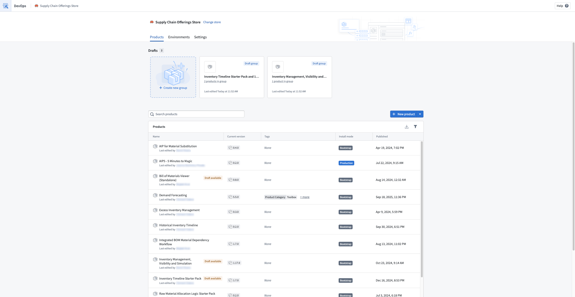 A store Products page showing draft groups that contain multiple products.