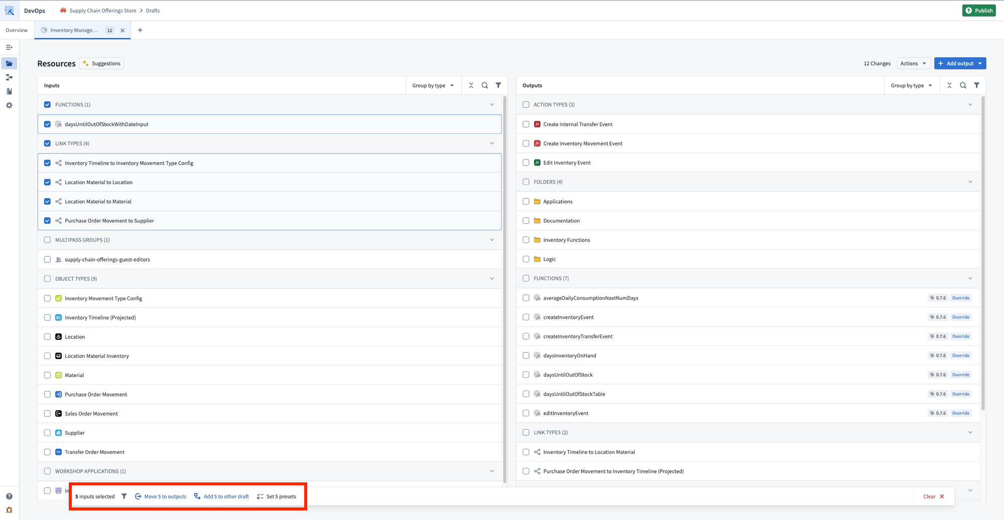 The bulk actions toolbar with options to move inputs to outputs or add them to another draft.
