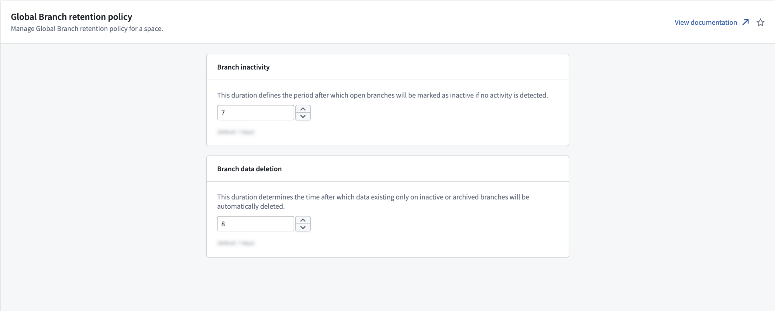 The Global Branch retention policy page in Control Panel where you set two periods (in days) how long an open branch stays without activity before it is marked inactive and how long data that exists only on inactive or archived branches is kept before it is deleted.