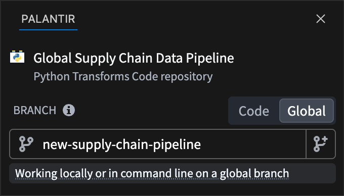 The tabbed branch selector in the Palantir panel of the VS Code sidebar with the global branch tab selected.