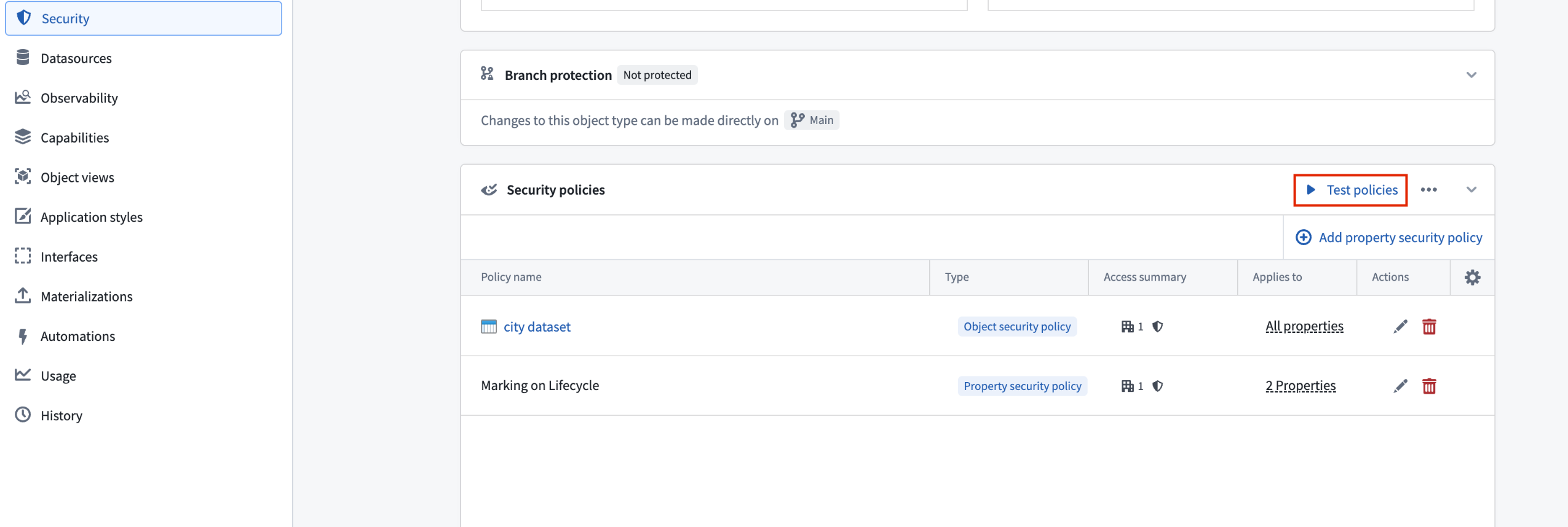 Use Ontology Managers Security policies section to test your object and property security policies.