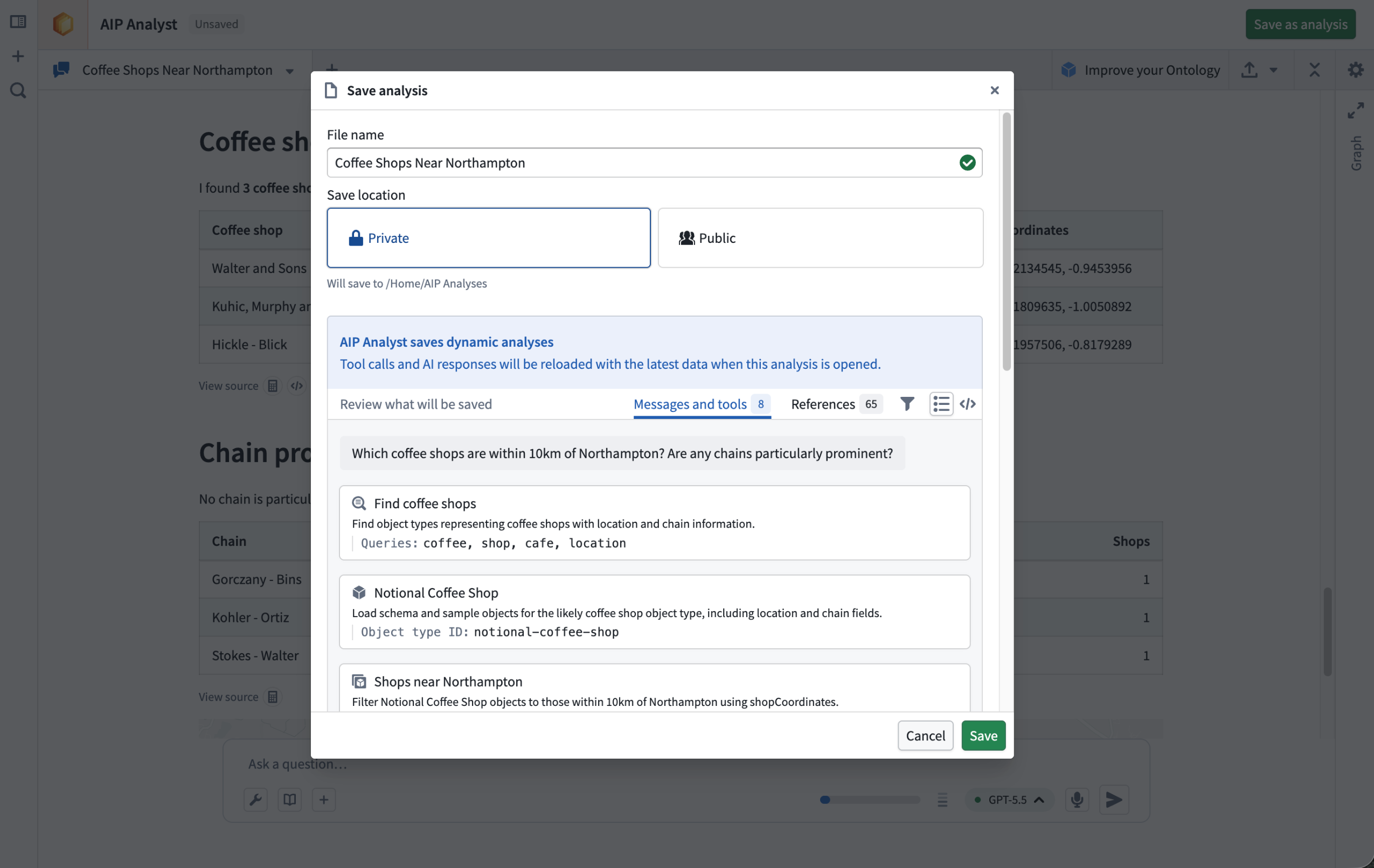 Choose where to save the analysis and review what will be stored.