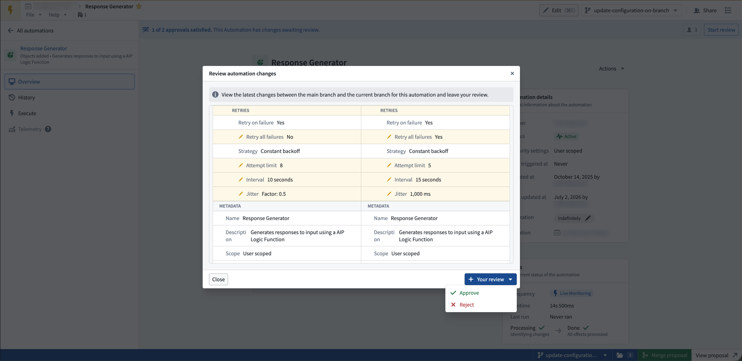 Reviewing proposed automation changes in a side-by-side diff before approving or rejecting.