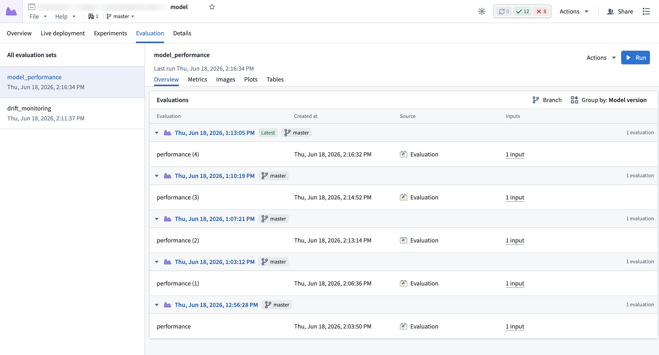 The Evaluation tab on a model page. The modelperformance evaluation set shows results logged for each model version grouped by version so you can compare performance across runs.