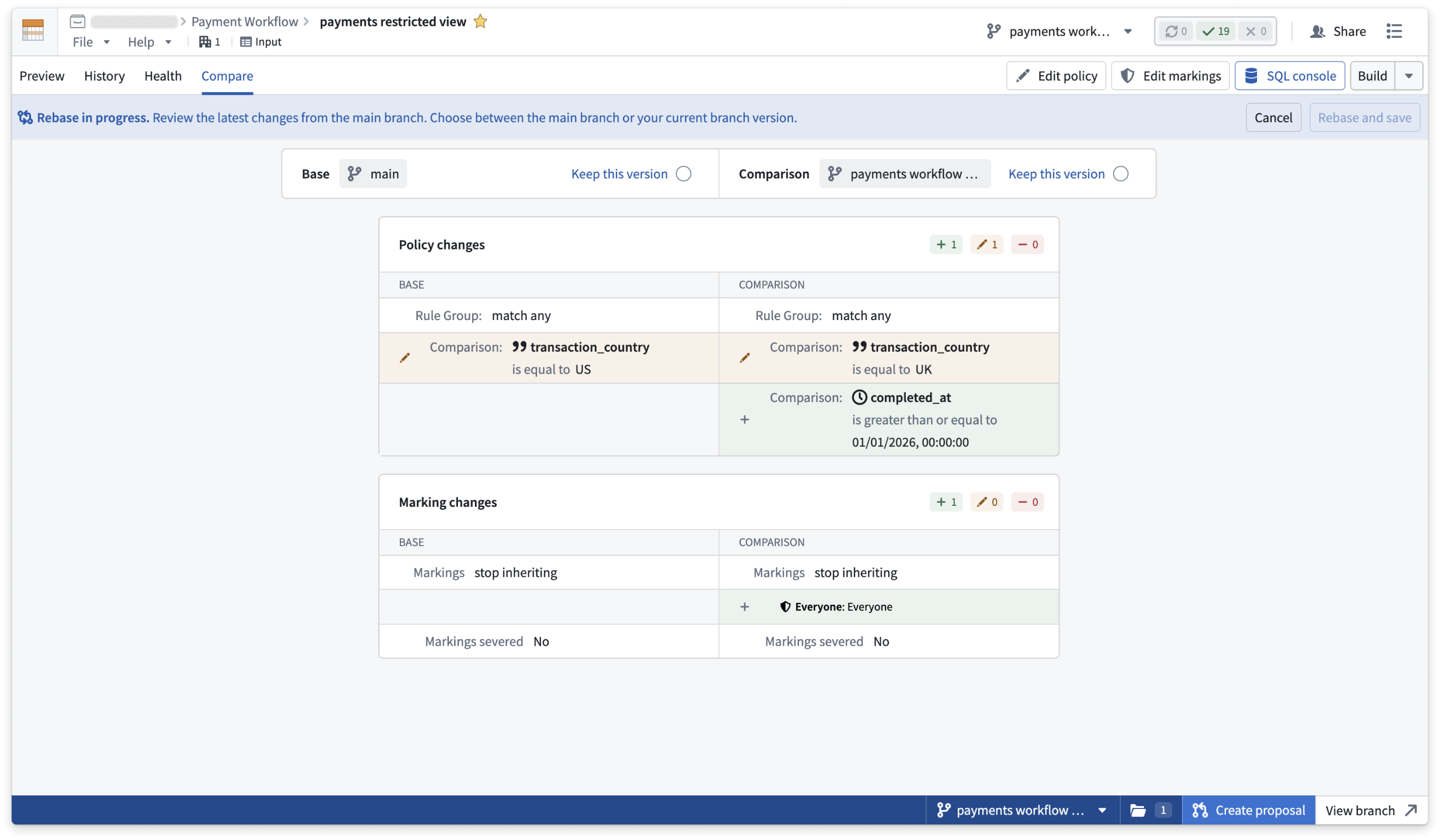 Compare a restricted views policy and marking changes against main during a rebase.