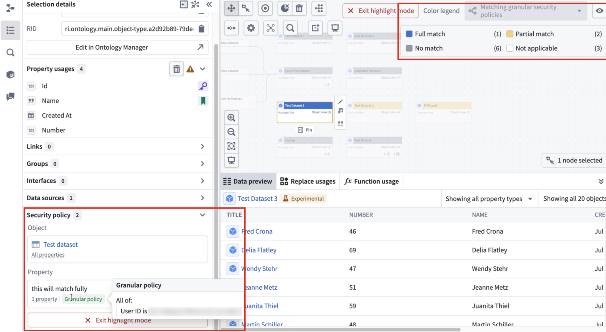 The Security policy section shows the granular policy for a selected object with an option to highlight objects with matching granular policies across the graph.