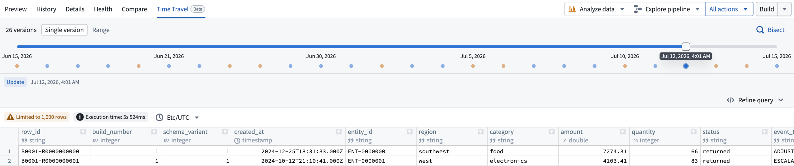 The Time Travel Single version view where you can view the schema of each version of the dataset.