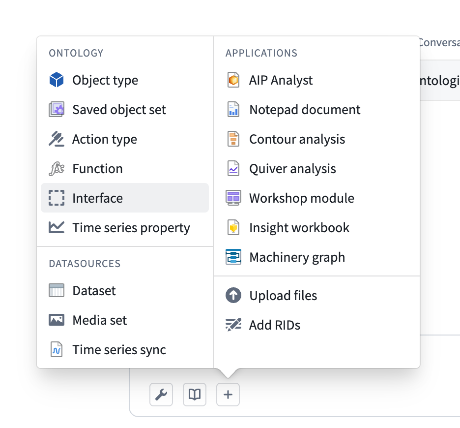 The Add context button supports adding many new options such as interfaces.