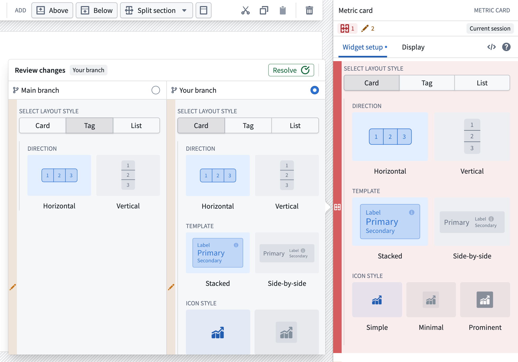 The review changes dialog compares the metric card configuration on main with the configuration on your branch.
