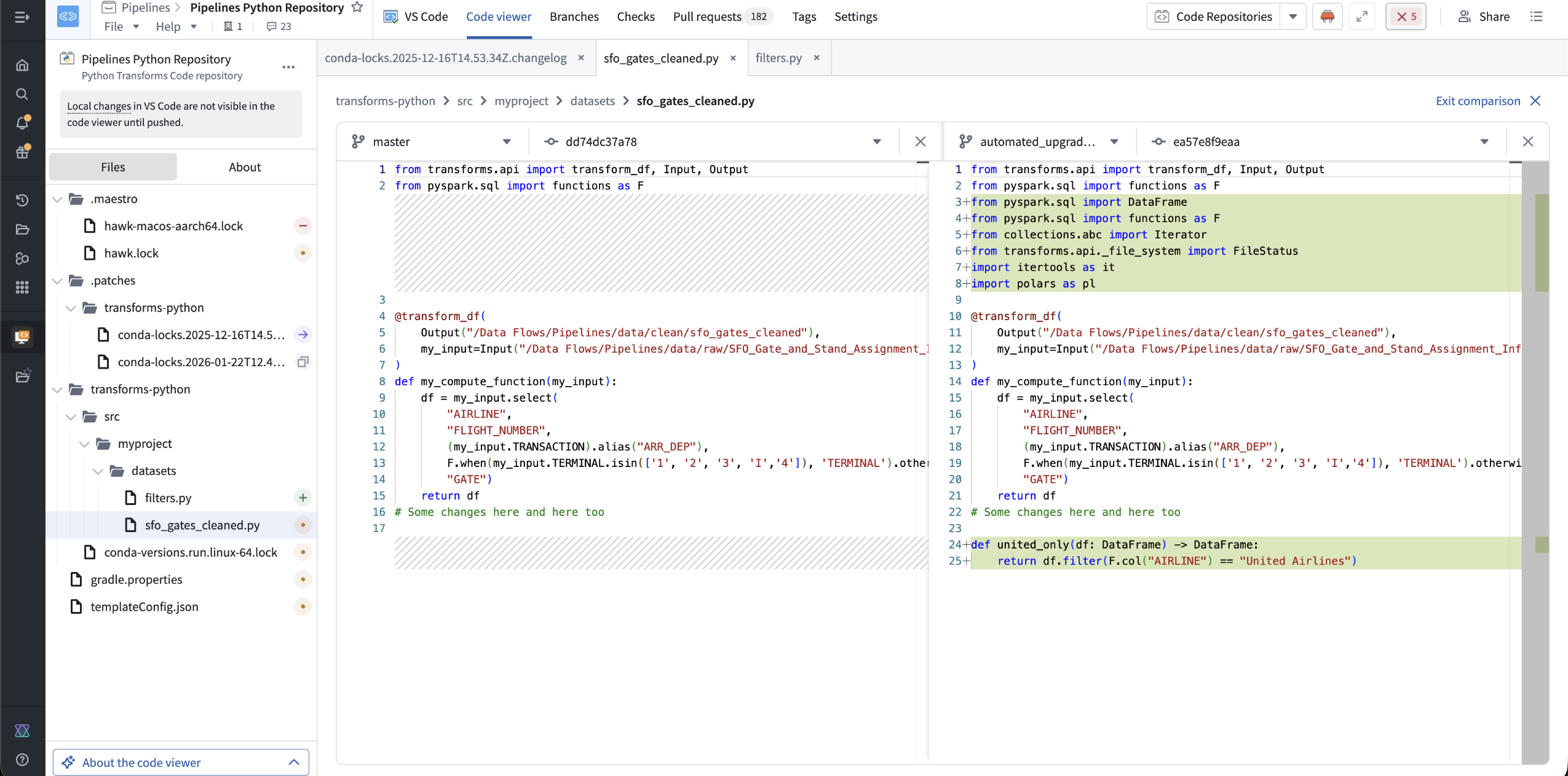 Compare two repository references with a side-by-side diff.