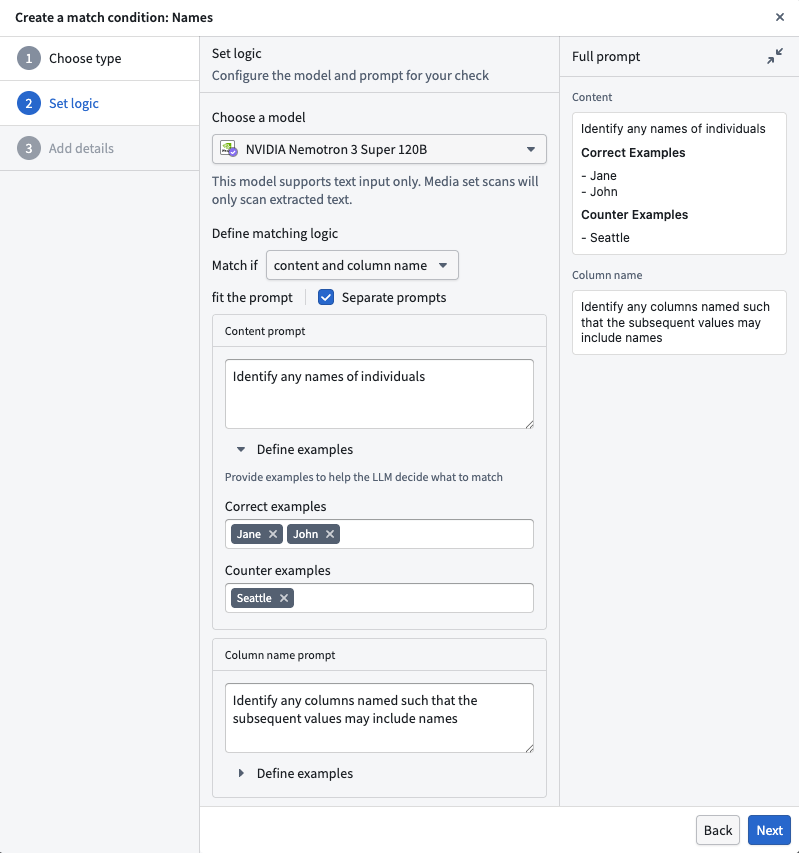 Configure the model and prompt for your language model match condition in Sensitive Data Scanner.