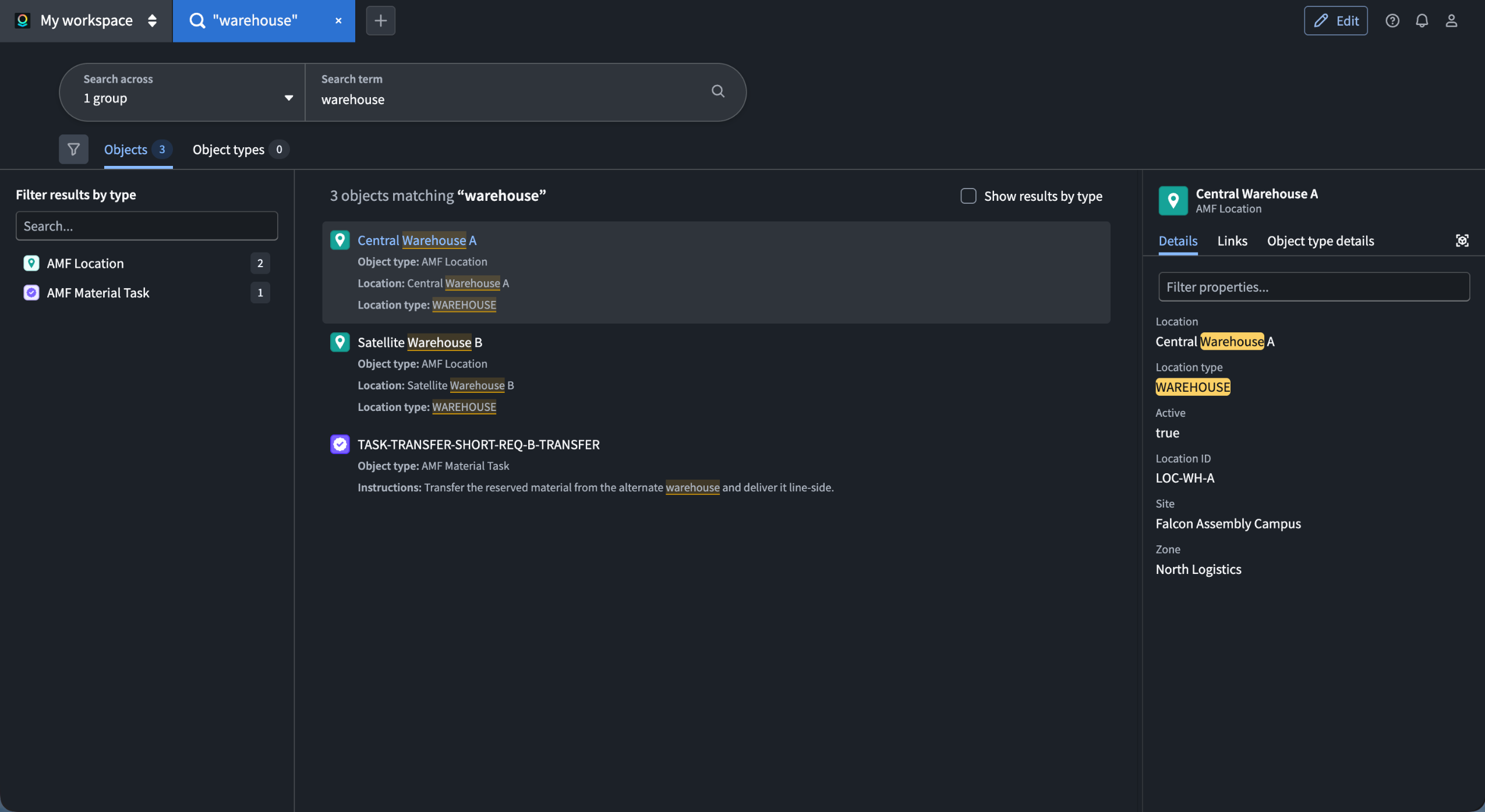 Object search results displayed in the modern search experience within Carbon.