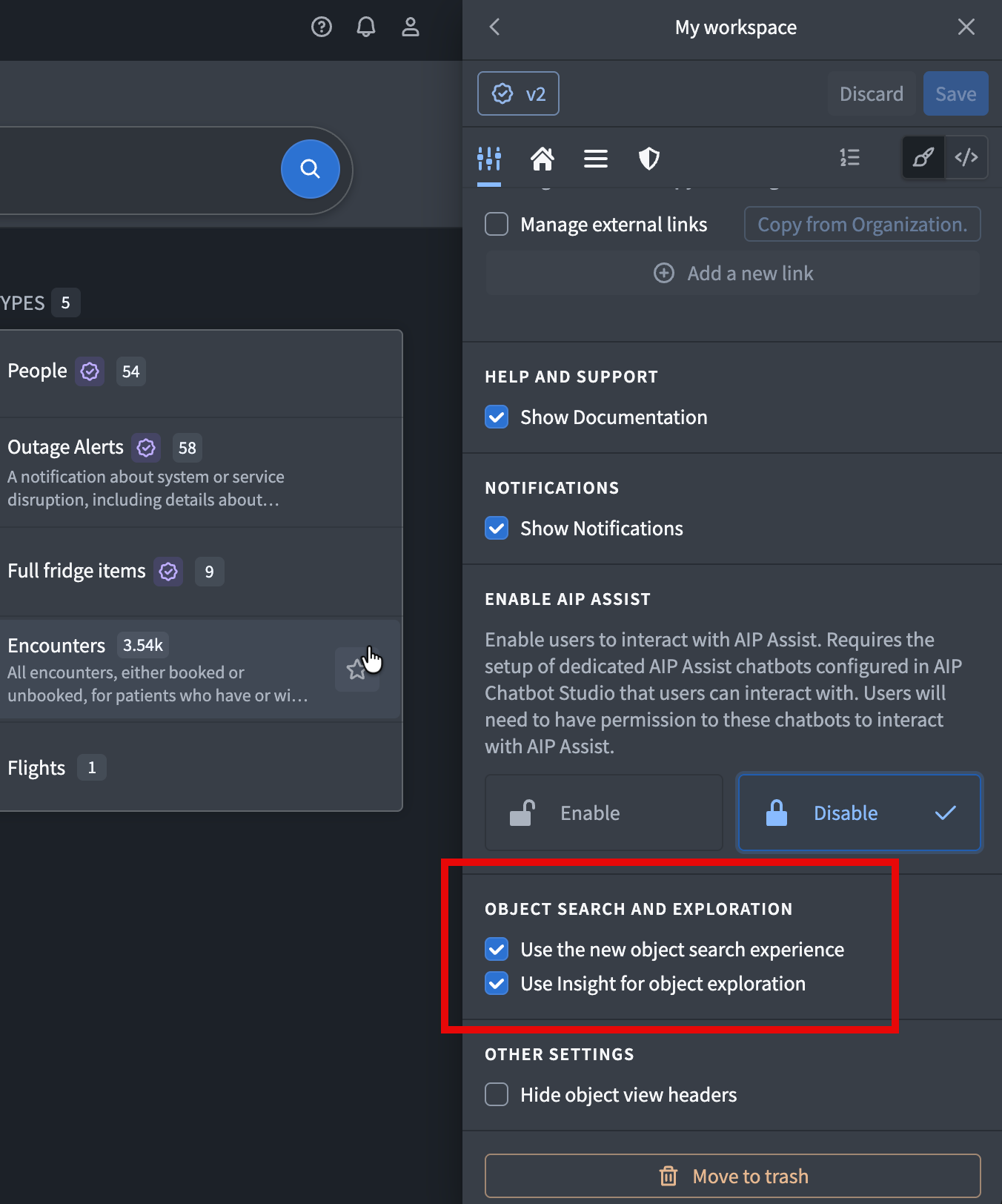 Workspace settings for enabling Insight explorations and modern object search independently.