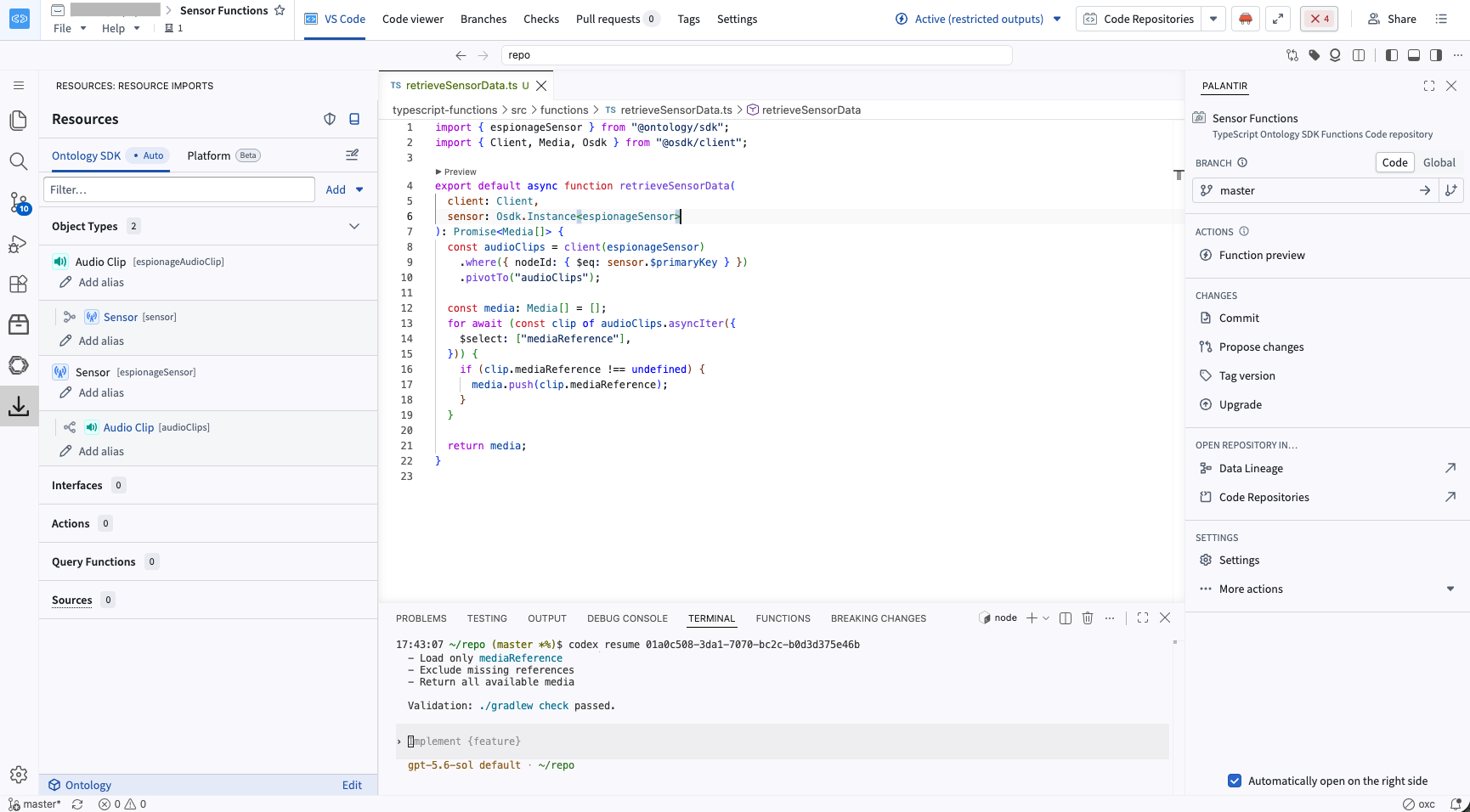A VS Code workspace functions editor with an integrated terminal running Codex.