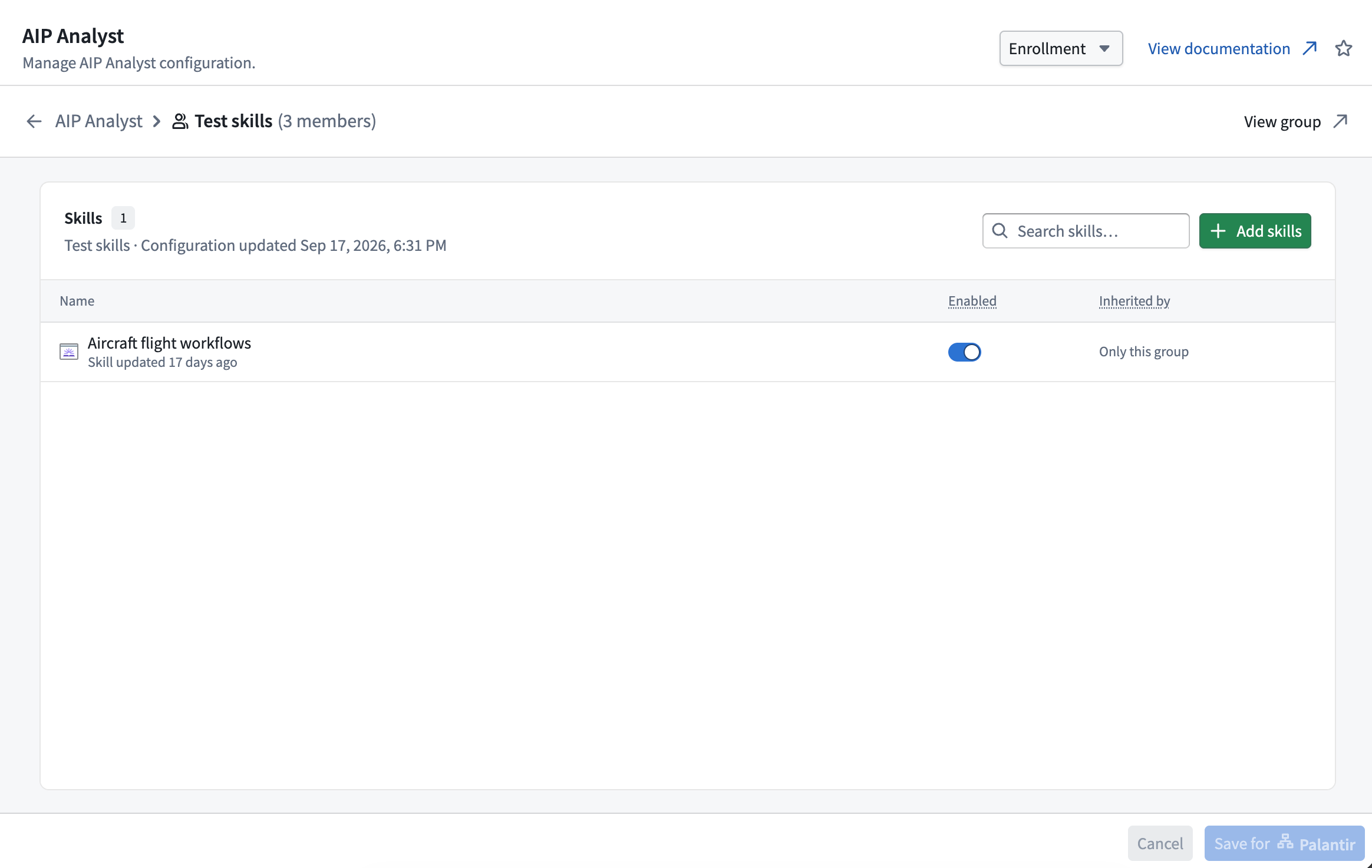 Configure skills for a group in the Control Panel app.