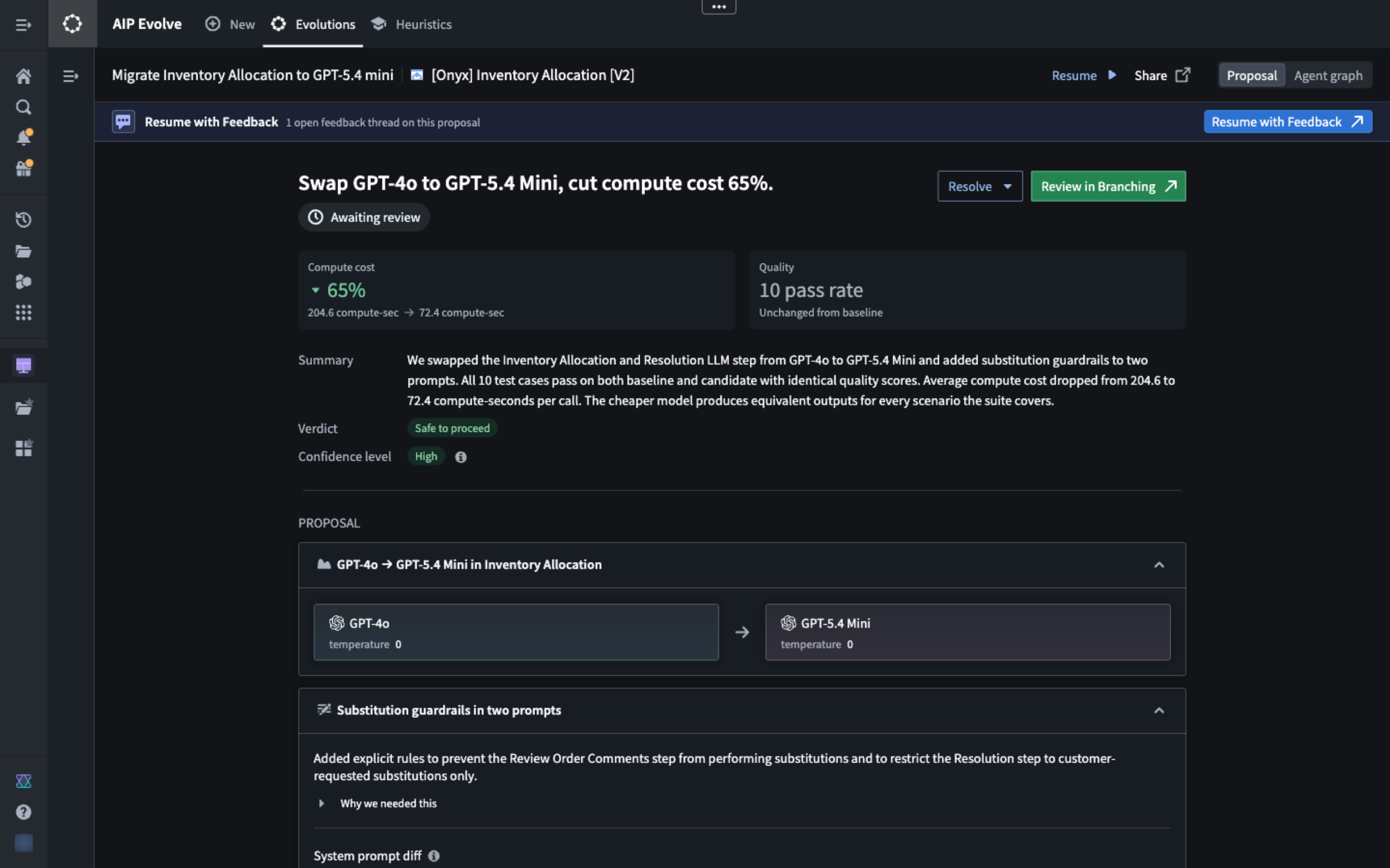An example AIP Evolve proposal where the system presents a model swap for cost reduction and the evidence that supports why the change is safe to make.